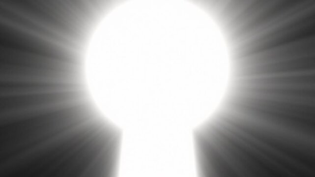 Keyhole Light Shining Bright in the Dark. Camera Moves Through Key Hole and Flying Dust Close-up to the Light. Open Lock on Door Look Through 3d Animation. Freedom, Peek, Revealing Secrets Concept 4k.