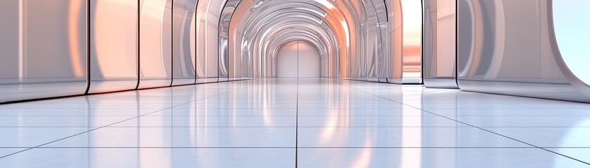 Obraz premium An expansive corridor features mirrored metallic panels that distort reflections, creating an intriguing environment filled with a sense of mystery and infinite possibilities