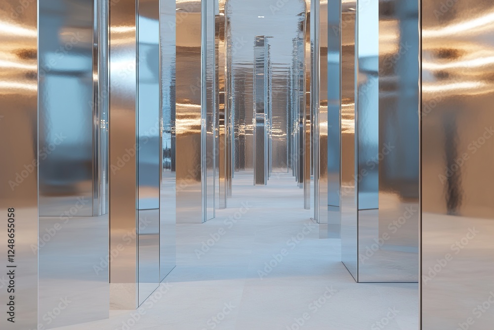Aufkleber an endless corridor features mirrored metallic panels reflecting soft distortions of unseen shapes. 