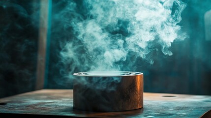 Steaming wooden bowl surrounded by moody lighting