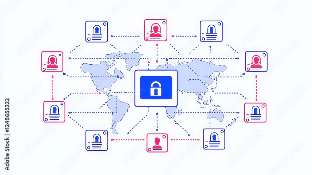 Poster cybersecurity framework for global business networks, highlighting essential strategies to protect d