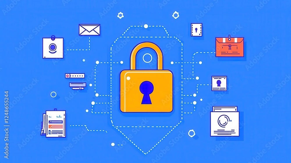 Poster cybersecurity strategies for global business networks, emphasizing protective measures, risk managem