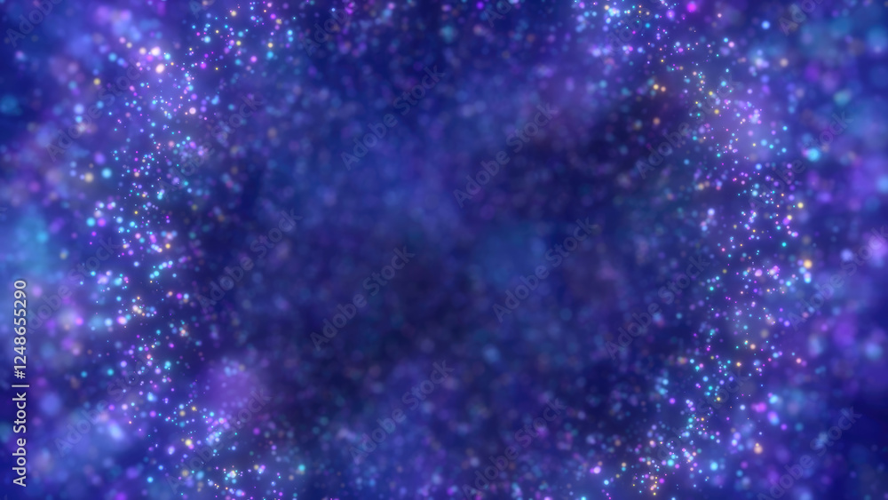 Poster abstract background with shimmering blue lights and particles creating a dreamy, cosmic atmosphere. 