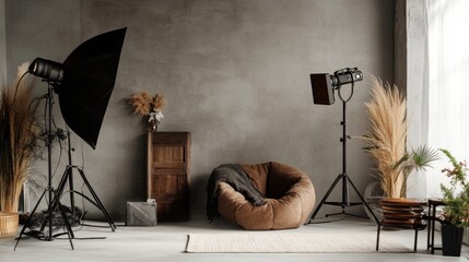 Modern studio setup with cozy chair and natural props