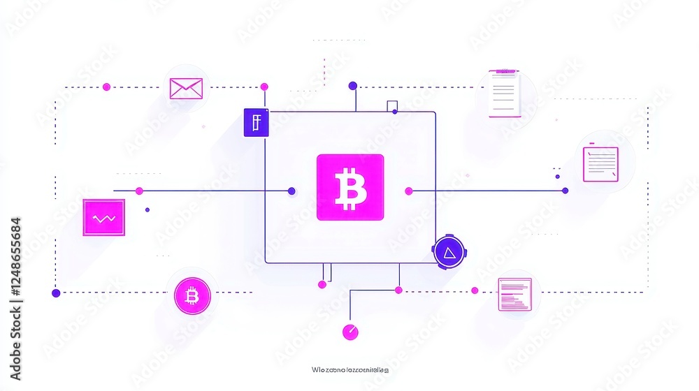 Poster digital ecosystems with blockchain trust, a clean and modern vector illustration showcasing intercon
