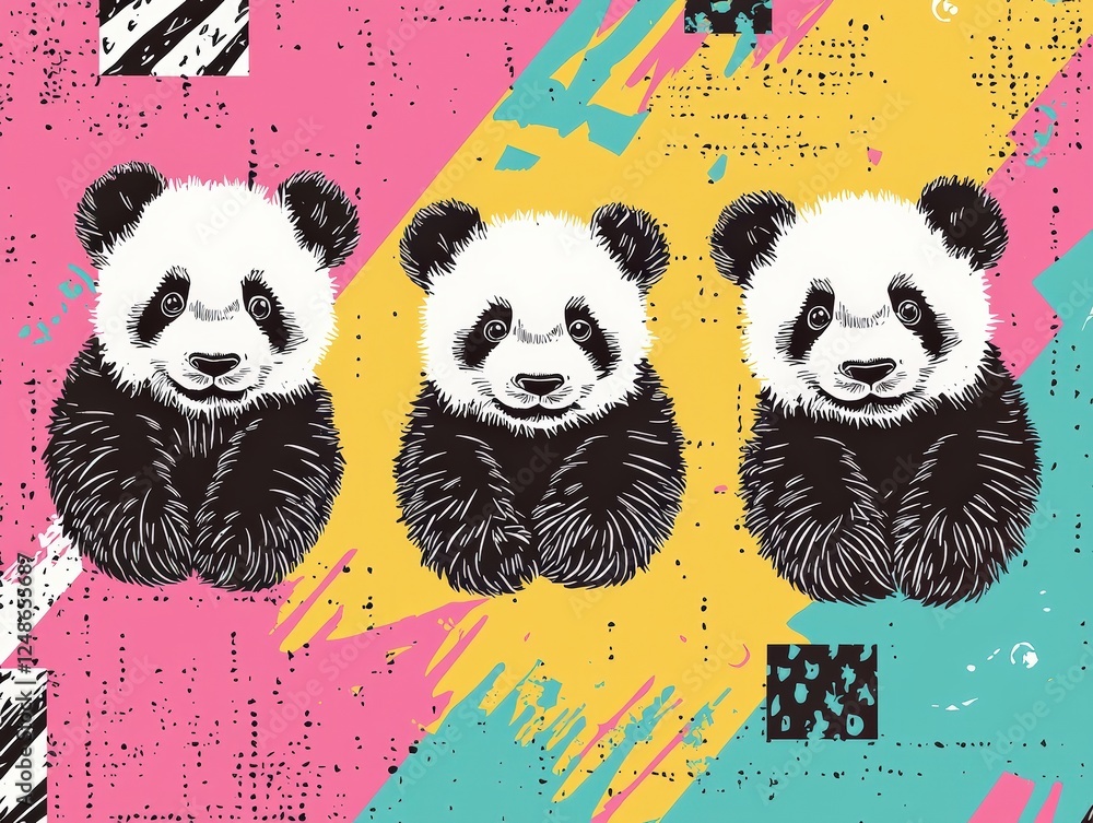 Aufkleber vintage vector illustration of three cute pandas with playful background and simple design elements