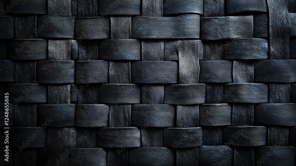 Poster woven fabric texture in black and dark gray colors with intricate patterns and depth for design and 