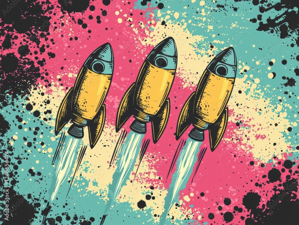 Poster vintage vector illustration of three colorful rockets with dynamic motion in a retro pop art style