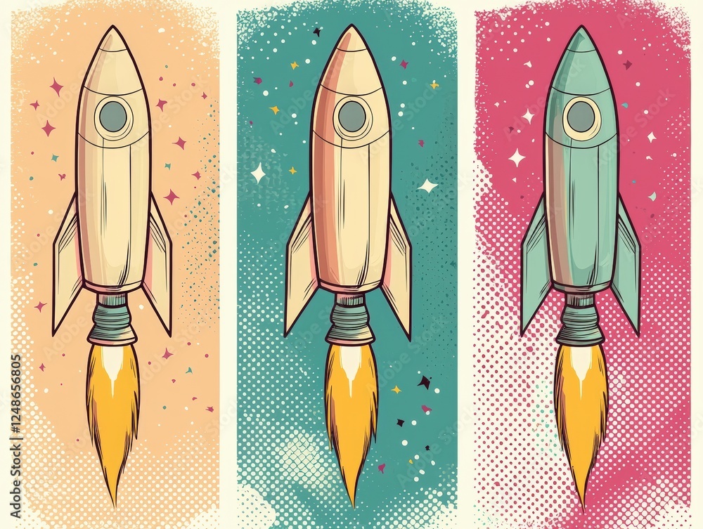 Poster vintage vector illustration of three simple rockets with colorful backgrounds and dynamic launch eff