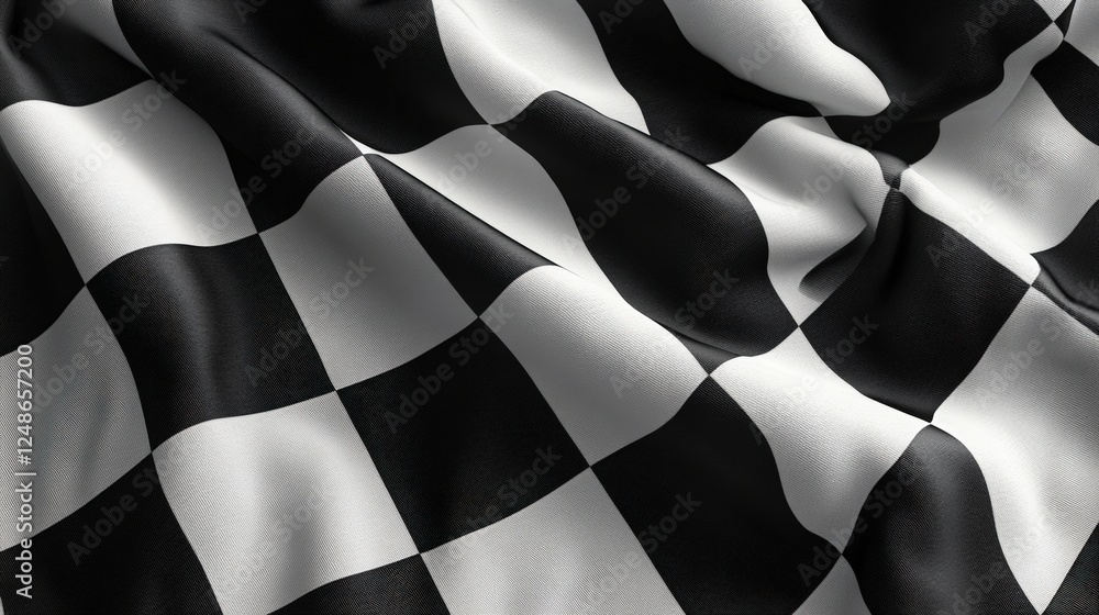 Poster close-up view of black and white chequered flag fabric, showcasing the texture and pattern of the ma