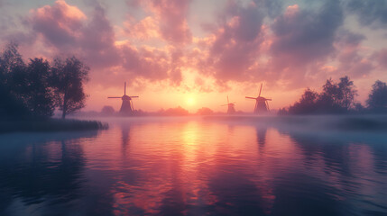 Obraz premium An atmospheric photography of the Kinderdijk windmills at sunrise, with the sky painted in soft pastel hues and mist rolling over the water.