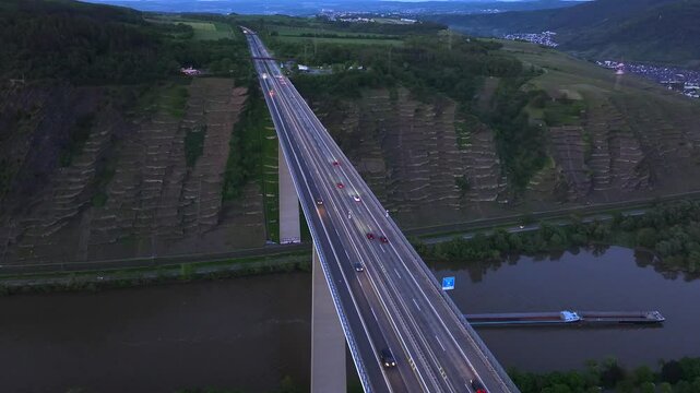 Moselle Valley Bridge, Aerial View. Autobahn Highway A61, Moseltal bridge near Koblenz in Rhineland-Palatinate, Germany