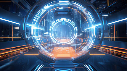 Futuristic City Portal: Glowing Hologram Interface in a Dark, Modern Setting