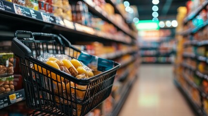 Shopping cart filled with fresh produce in a grocery aisle