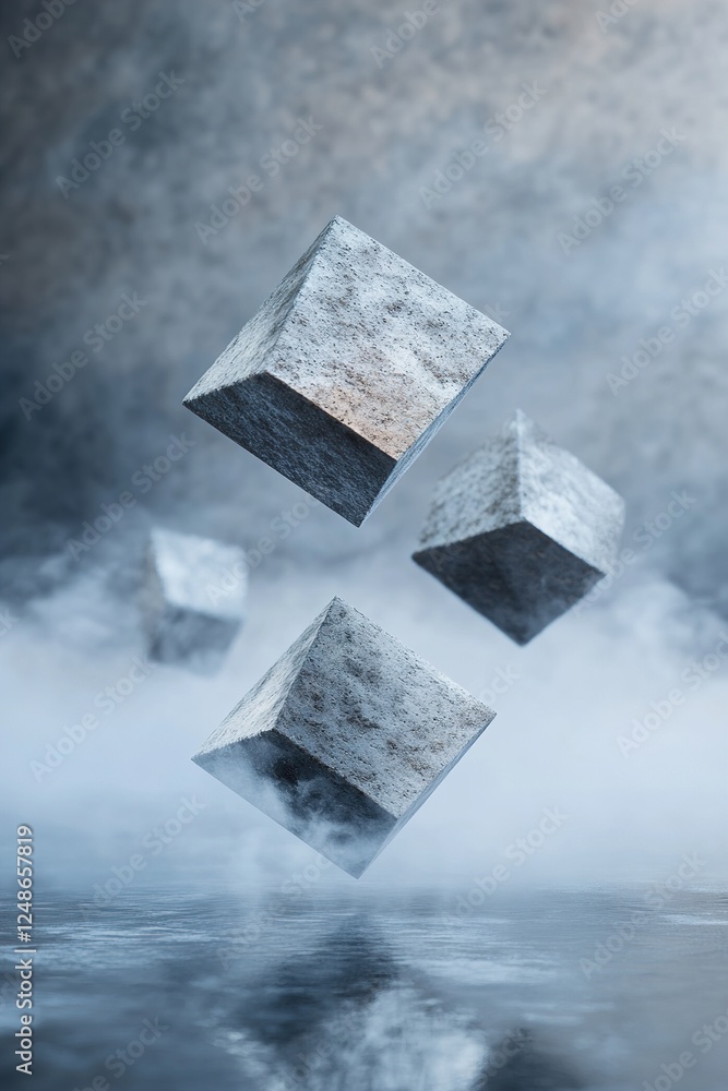 Poster polished metal cubes and pyramids float gracefully in a soft-focus mist. their gentle reflections cr