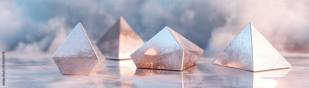 Poster polished metal cubes and pyramids hover gracefully in a soft-focus mist, their reflections shimmerin
