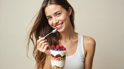 A woman is smiling and eating a bowl of fruit. She is holding a spoon and the bowl contains blueberries and raspberries