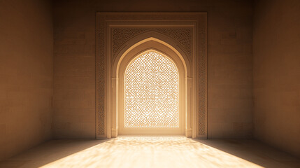 Fototapeta premium Ethereal golden glow through an ornate Islamic window, Ramadan Kareem
