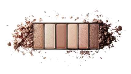 A shimmering eyeshadow palette, isolated on a transparent background, showcasing various neutral shades with fine textures and premium packaging