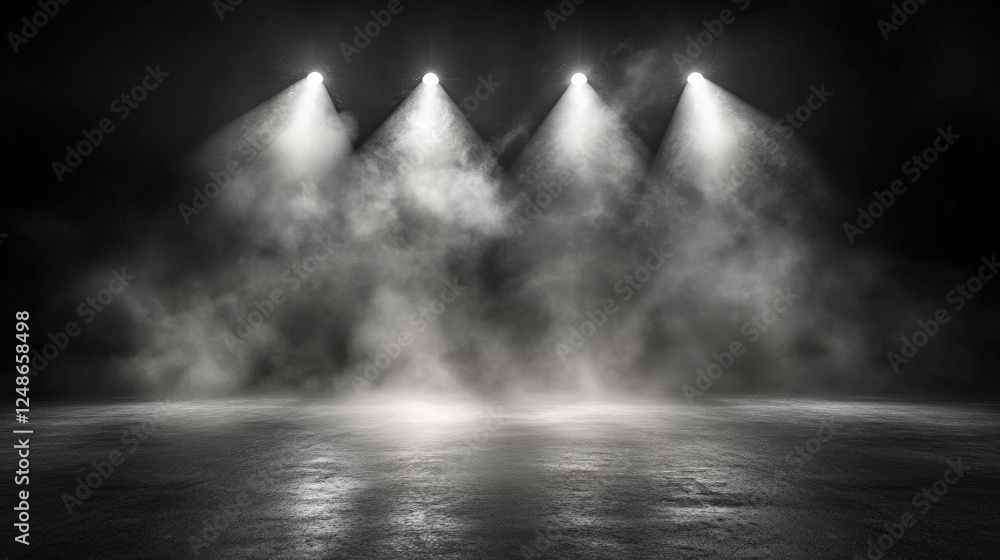 Poster dramatic black background with bright spotlights shining on a wet concrete floor creating a misty at