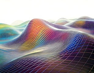An iridescent, wavy surface, overlaid with a grid, creates a striking abstract composition against a pure white background.