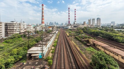 Fototapeta premium Urban Industrial Landscape: Railway Tracks Converging Towards a Factory Skyline