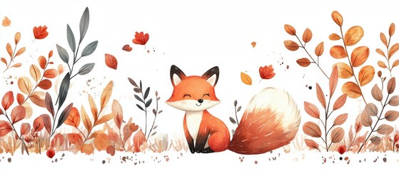 Cute Watercolor Fox Surrounded by Autumn Leaves in a Charming Frame Design