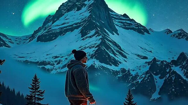 A lone man gazes across the majestic mountain range