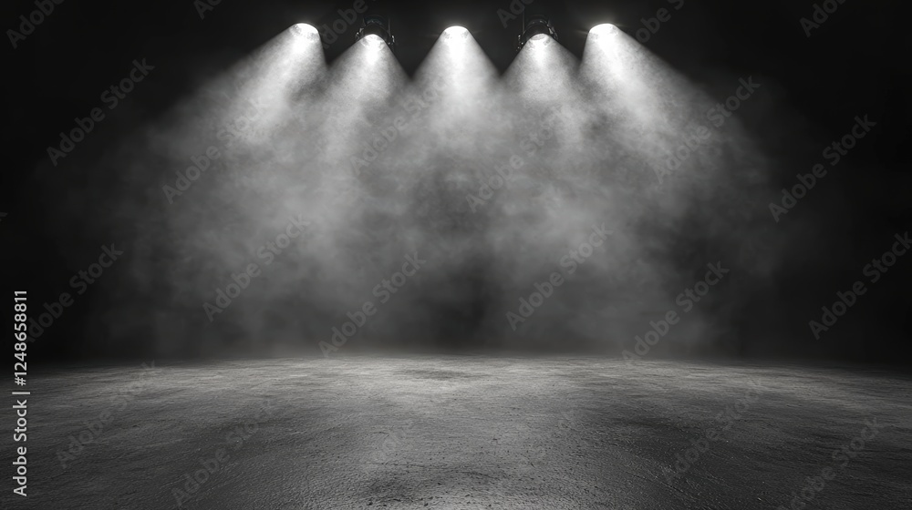 Poster dramatic black background with spotlight illuminating concrete floor in an empty space creating an a