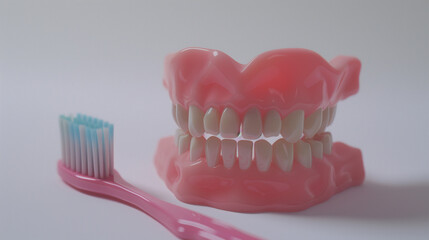 Obraz premium Close-Up of Tooth Model with Toothbrush on White Background, Shallow Depth of Field
