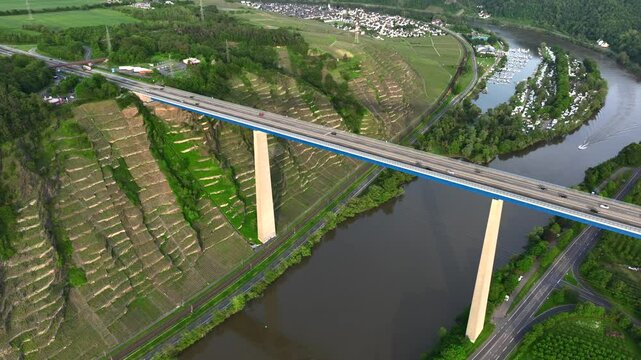 Moselle Valley Bridge, Aerial View. Autobahn Highway A61, Moseltal bridge near Koblenz in Rhineland-Palatinate, Germany