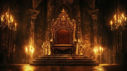 Ornate golden throne room with candle light, symbolizing power and authority. Ideal for fantasy, history, or dramatic themes, enhancing storytelling and visual impact.
