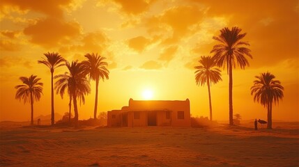 Obraz premium Golden Oasis Sunset: Palm Trees and Desert House at Dusk