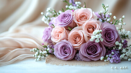 Obraz premium Aesthetic floral arrangement with soft lavender and purple hues, delicate roses and wildflowers in a rustic setting