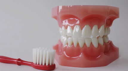 Obraz premium Close-Up of Tooth Model with Toothbrush on White Background, Shallow Depth of Field