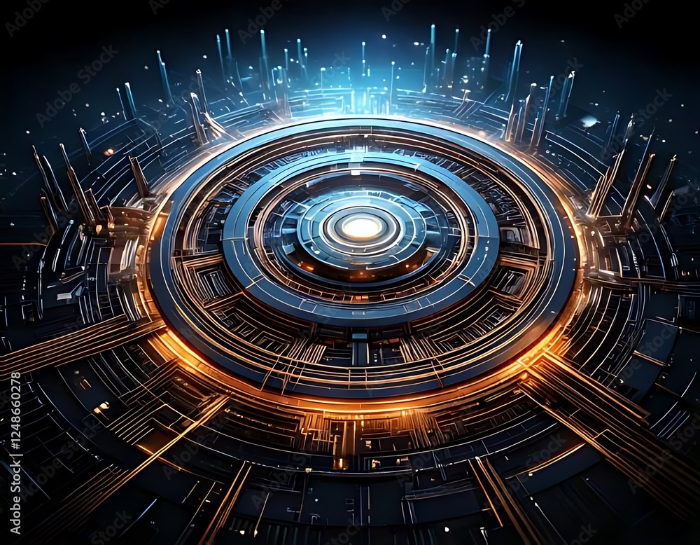 Poster centered glowing rings create a detailed futuristic tech design with intricate connections and compo