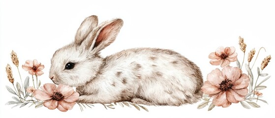Cute Watercolor Rabbit Surrounded by Delicate Flowers in a Beautiful Frame Border