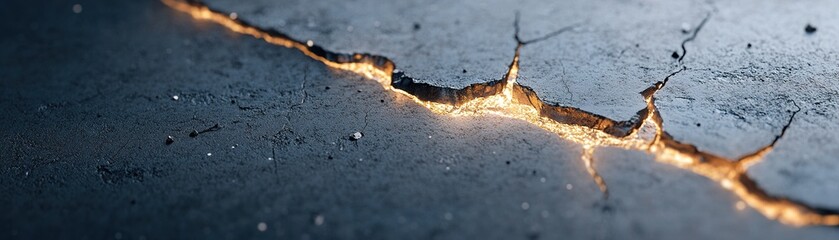 Thin, glowing metallic veins emerge from a matte black background, resembling liquid mercury as they travel through the cracks, creating an otherworldly effect