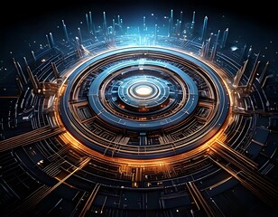 Obraz premium Centered glowing rings create a detailed futuristic tech design with intricate connections and components.