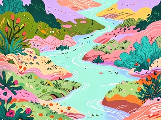 Whimsical River Landscape: A Colorful Journey Through Nature's Embrace