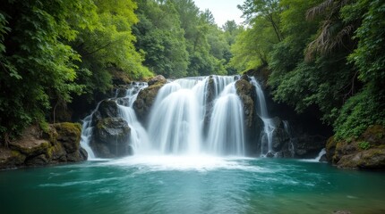 Serene Waterfall Cascading into Tranquil Pool
