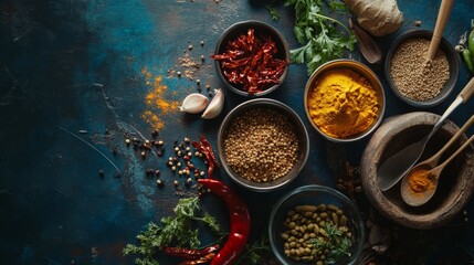 Colorful spice bowls arranged on a textured surface