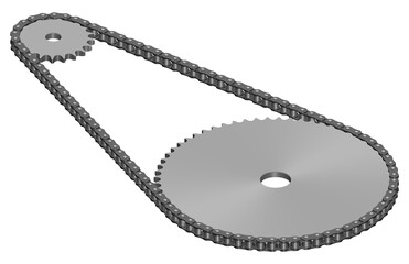 Chain drive. Roller Chain and Sprocket. Transparent background. 3D rendering