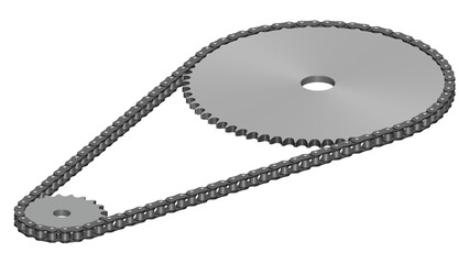 Chain drive. Roller Chain and Sprocket. Transparent background. 3D rendering