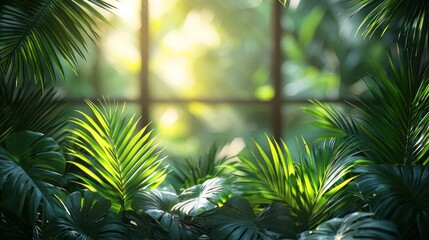 Lush green foliage illuminated by sunlight streaming through a window, creating a serene indoor garden atmosphere