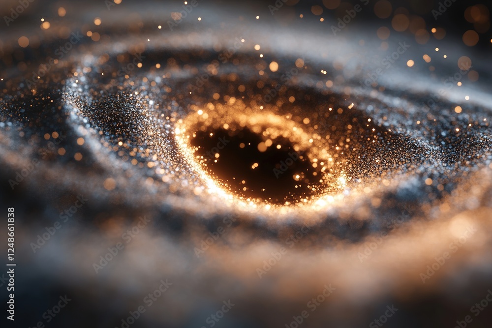Poster in the vast emptiness of space, tiny metallic dust-like particles emit a soft glow, gracefully shift
