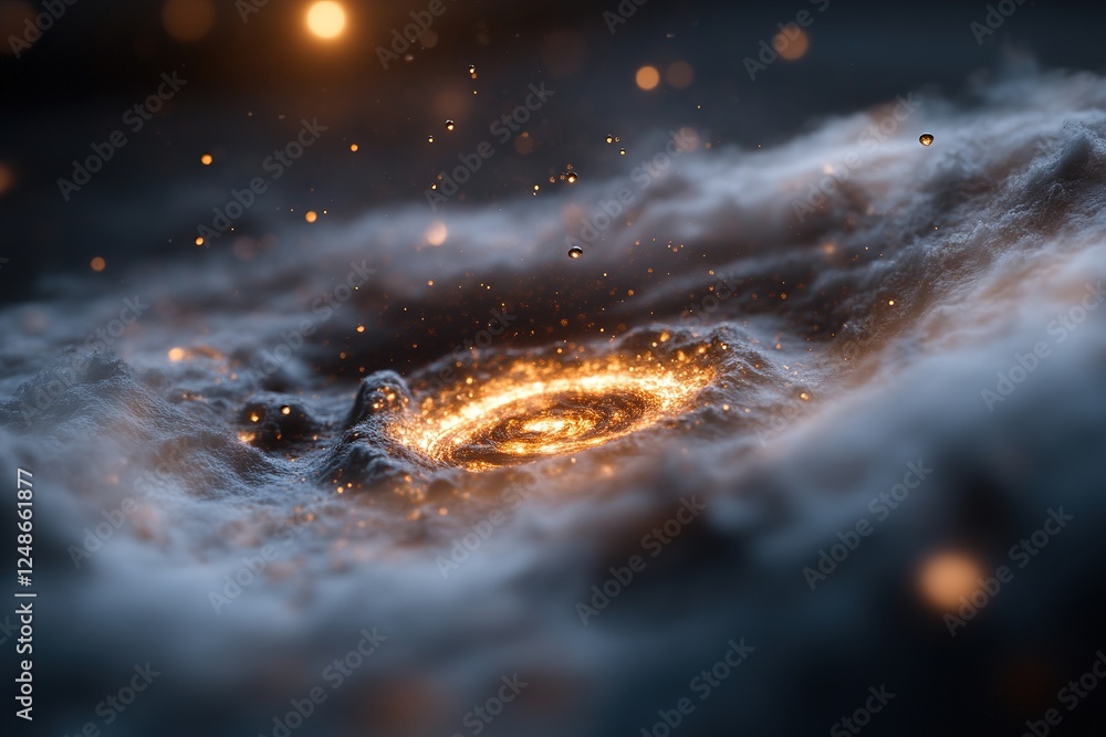 Poster softly glowing metallic dust-like particles drift effortlessly in an endless black void, resembling 