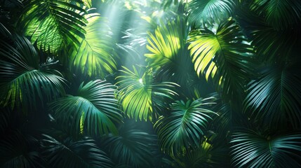 Lush tropical foliage with sunlight filtering through dense leaves, creating a serene atmosphere in a vibrant jungle setting
