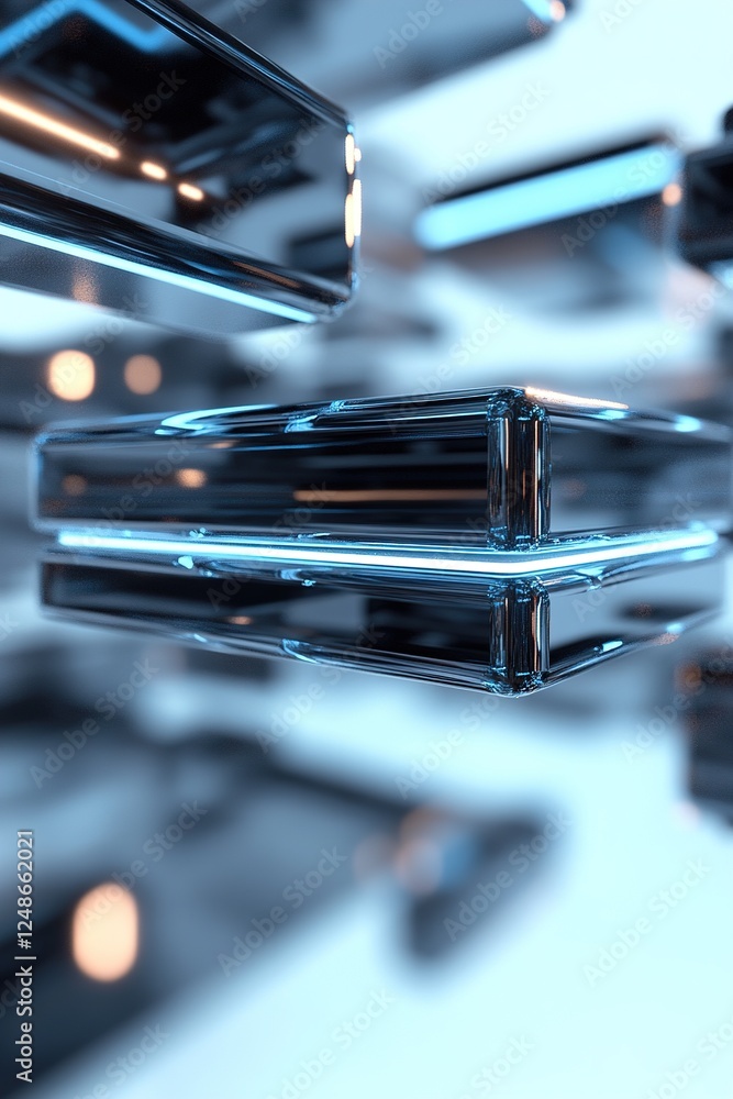 Poster transparent black digital panels float in a weightless void, illuminated by faint neon-blue data str