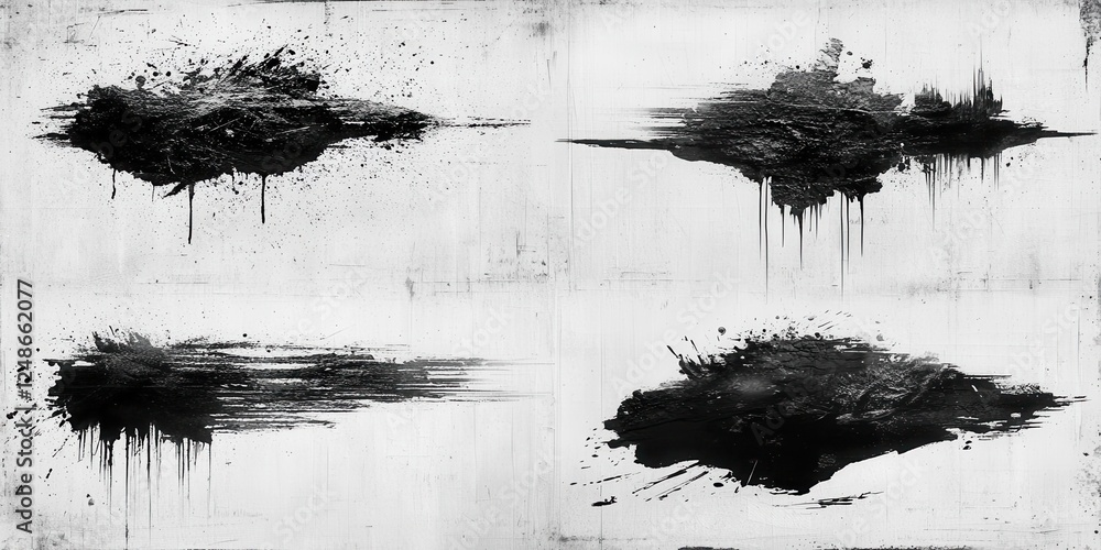 Poster abstract black paint splashes on a white background, creating dynamic contrasts and textures for var